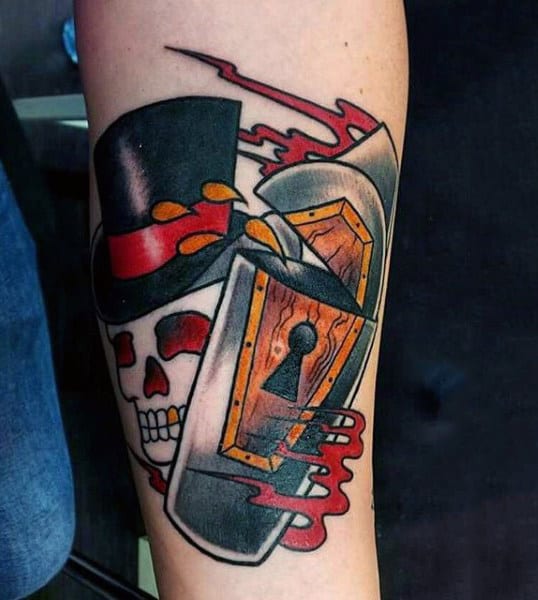Skull Top Hat Coffin With Keyhole Mens Tattoo