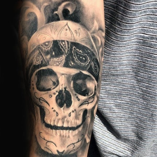 Skull Wearing Bandana Male Biker Tattoo On Arm
