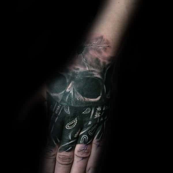 Skull Wearing Bandana Mens Hand Tattoo