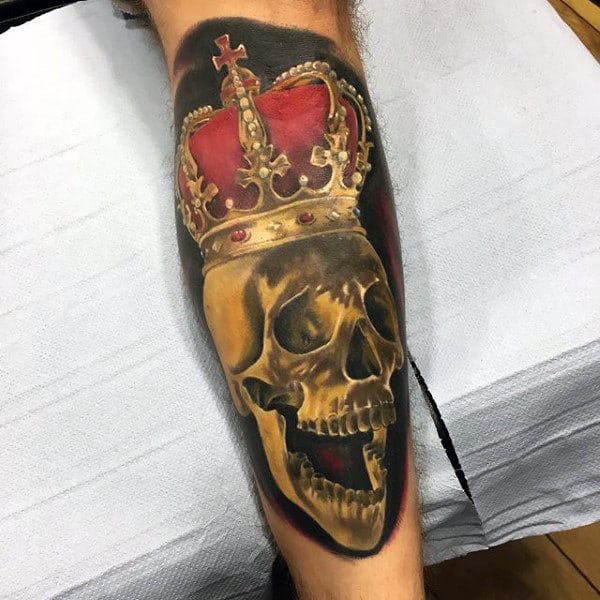 Skull Wearing Crown Mens Shin Tattoo Ideas
