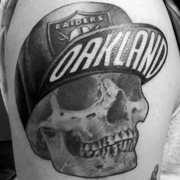 Skull Wearing Oakland Raiders Hat Mens Arm Tattoo