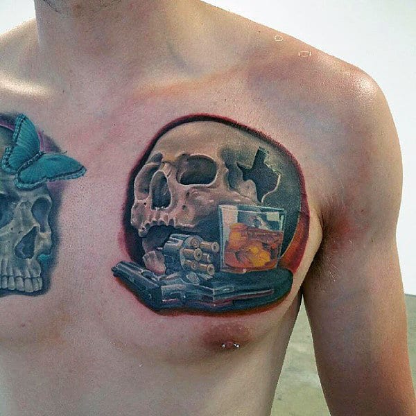 Skull With 3d Design Mens Jack Daniels Tattoo On Chest
