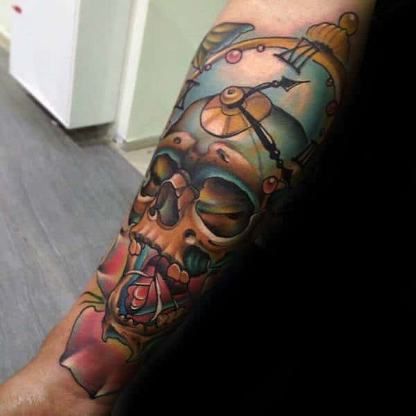 Skull With A Clock Head New School Tattoo Forearms