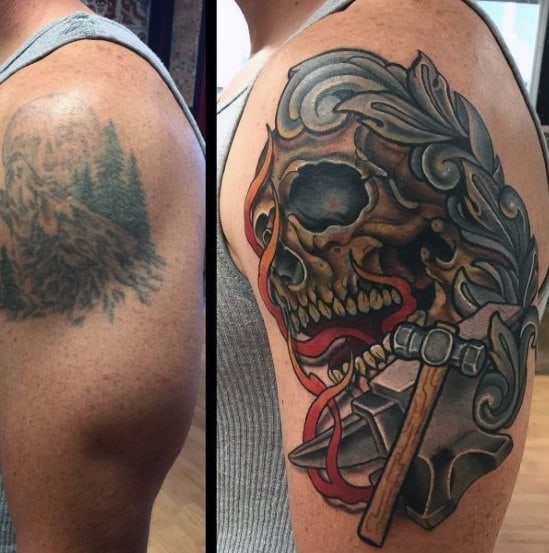 Skull With Anvil And Hammer Cover Up Arm Tattoos For Men