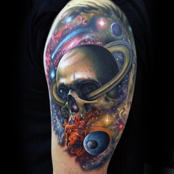Skull With Astronomy Background Tattoo Male Arms