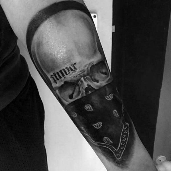 Skull With Bandana Mens Gangster Outer Forearm Tattoos