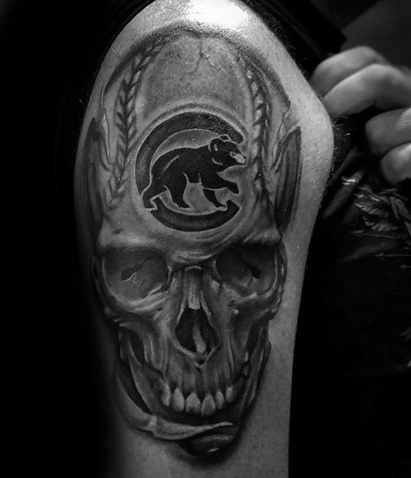 Skull With Baseball Black And Grey Ink Arm Chicago Cubs Guys Tattoo Ideas