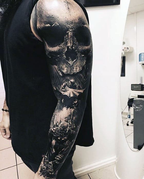 Skull With Batman Themed Design Mens 3d Sleeve Tattoo