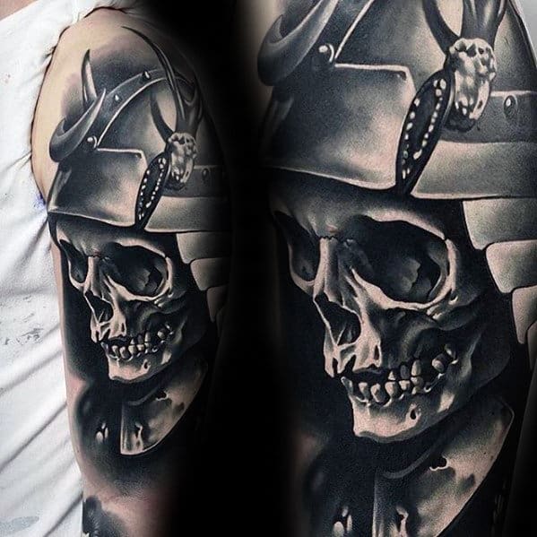 Skull With Battle Helmet Armor Mens Different Arm Tattoo