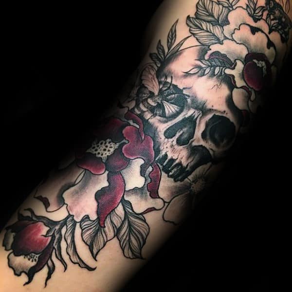 Skull With Bee And Flowers Mens Arm Tattoos