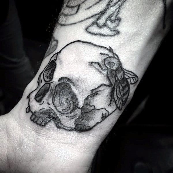 Skull With Bee Mens Small Wrist Tattoos