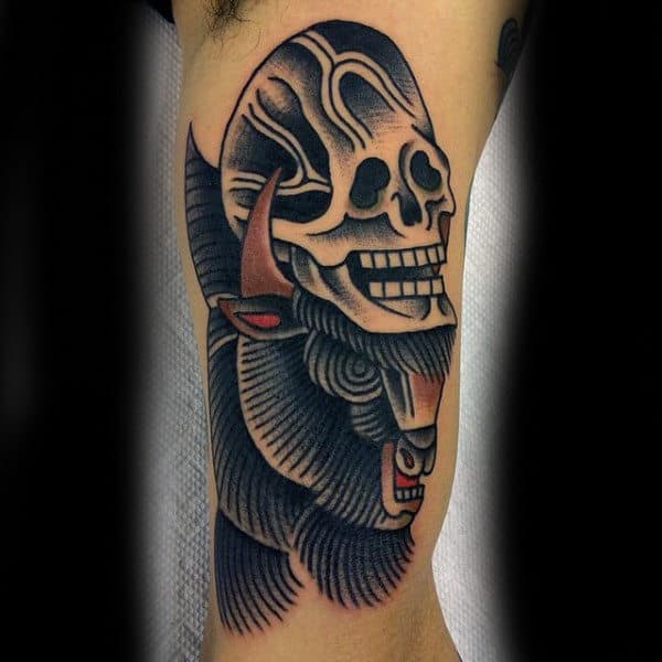 Skull With Bison Old School Mens Arm Tattoos
