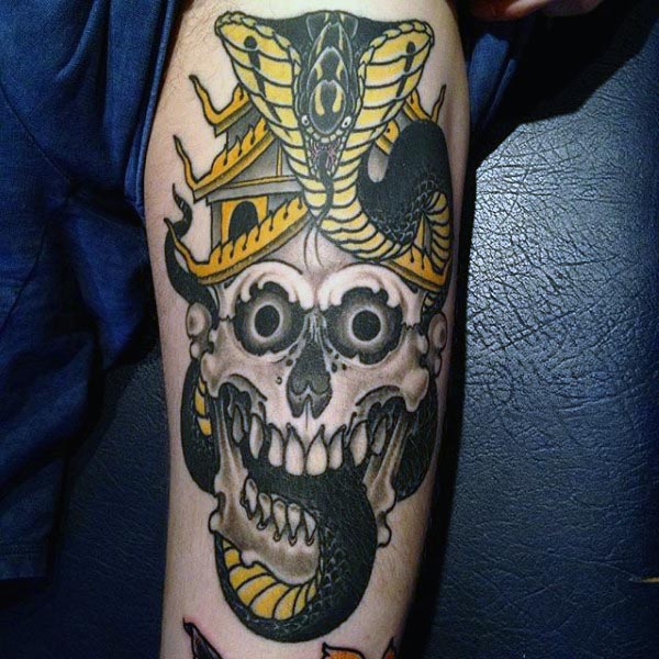 Skull With Black And Yellow Cobra Snake Mens Thigh Tattoo