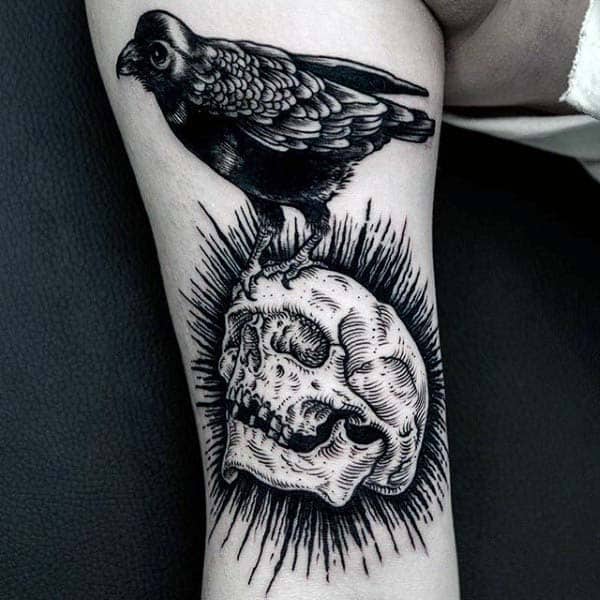 Skull With Black Crow Woodcut Male Tattoo Ideas