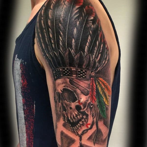 Skull With Black Feathers Chicago Blackhawks Mens Half Sleeve Tattoos