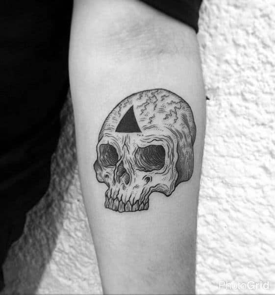 Skull With Black Ink Triangle Male Inner Forearm Small Tattoos