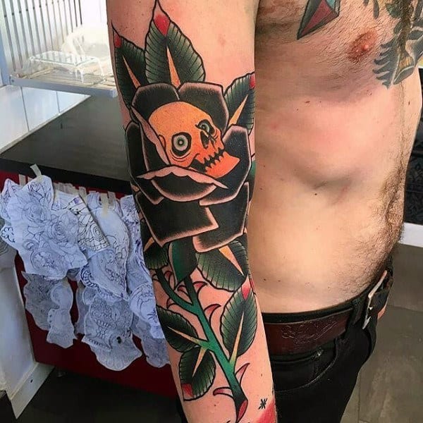Skull With Black Rose Mens Colorful Outer Arm Tattoos