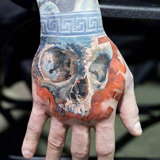 Skull With Blue And Orange Design Mens 3d Hand Tattoo