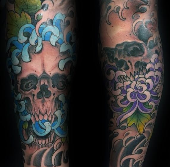 Skull With Blue And Purple Peony Flowers Male Sleeve Tattoo