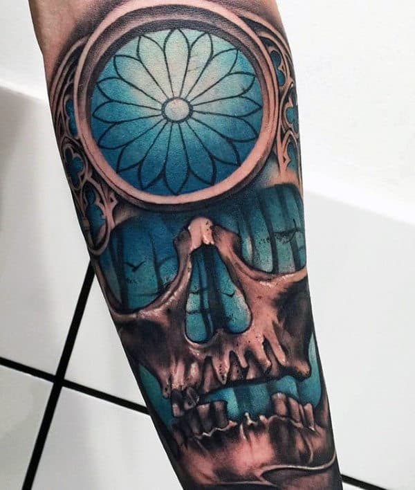 Skull With Blue Window Mens Crazy 3d Tattoo Inspiration On Forearm