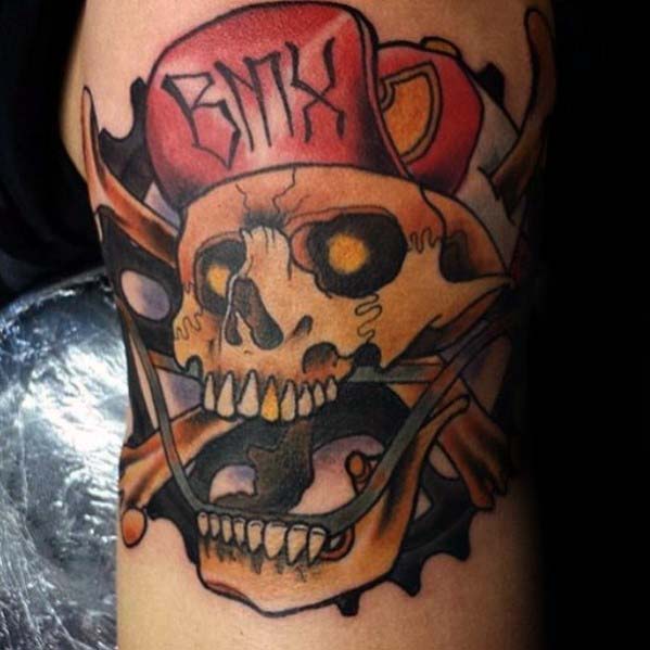 Skull With Bmx Hat Upper Arm Tattoos For Men