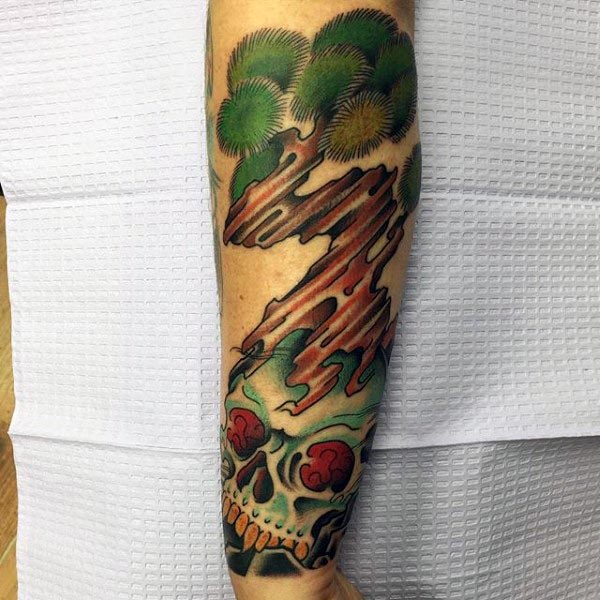 Skull With Bonsai Tree Mens Forearm Tattoo
