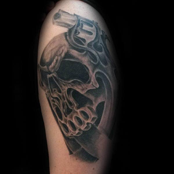 Skull With Brass Knuckles Male Shaded Arm Tattoos