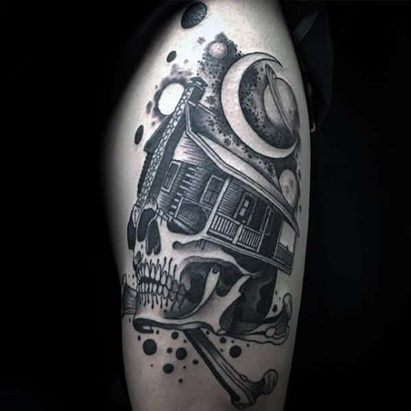 Skull With Cabin Guys Arm Tattoo
