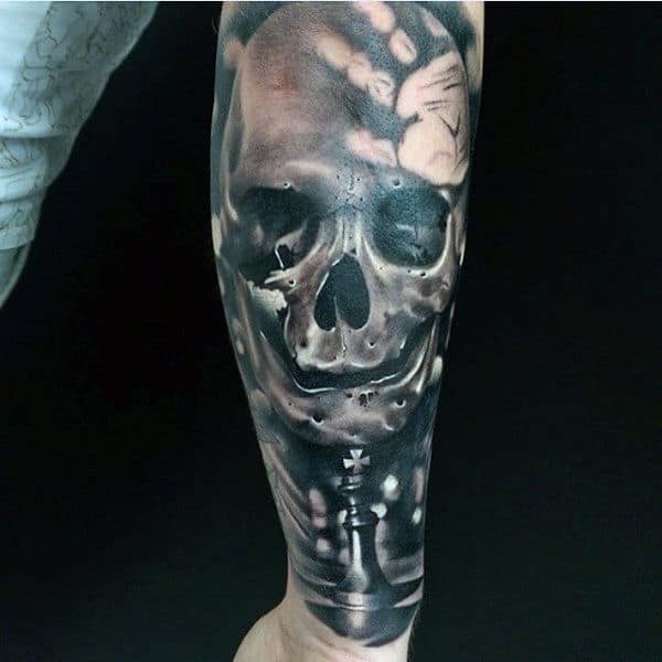 Skull With Chess And Handprint Mens Sleeve Tattoos