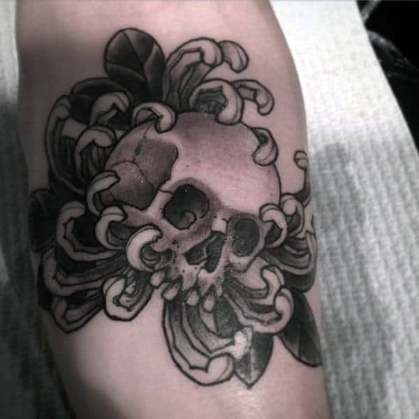 Skull With Chrysanthemum Flower Small Tattoos For Guys On Inenr Forearm