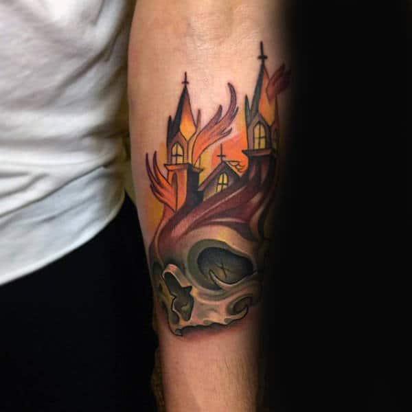 Skull With Church New School Fire Tattoos For Men