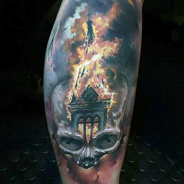 Skull With Church Roof Mens Fire Tattoos On Leg