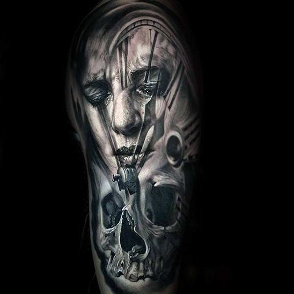 Skull With Clock Half Sleeve Remarkable Morph Tattoos For Males