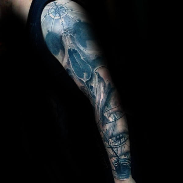 Skull With Compass And Ship Guys Sweet Sleeve Tattoos