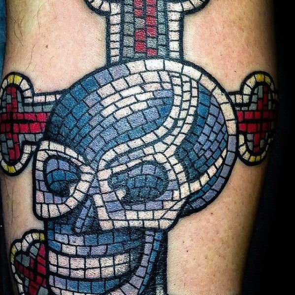Skull With Cross Mosaic Arm Tattoo Ideas For Males