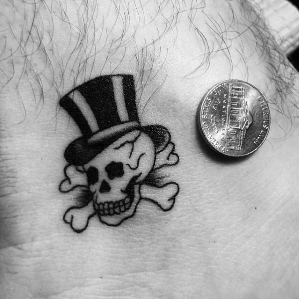 Skull With Crossbones And Top Hat Ankle Tattoos Guys