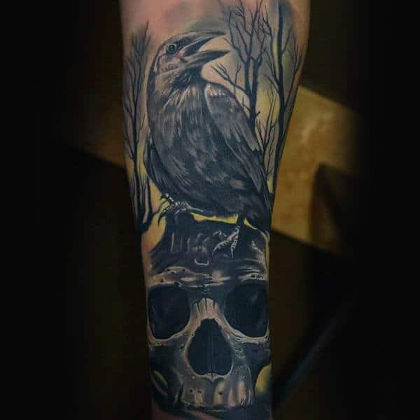Skull With Crow In Woods Forearm Tattoos For Guys