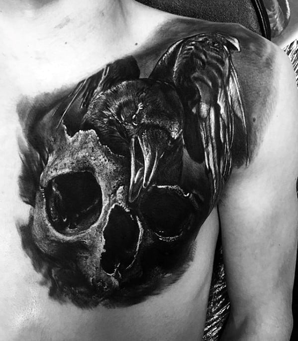 Skull With Crow Unique Chest 3d Mens Tattoos
