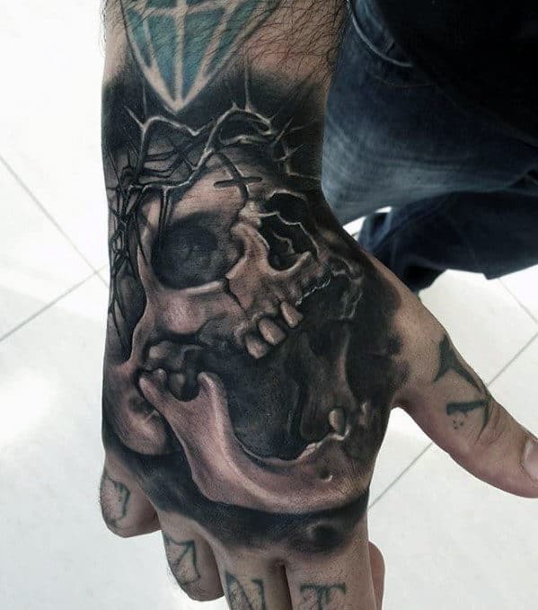 Skull With Crown Of Thorns Guys Badass Hand Tattoo