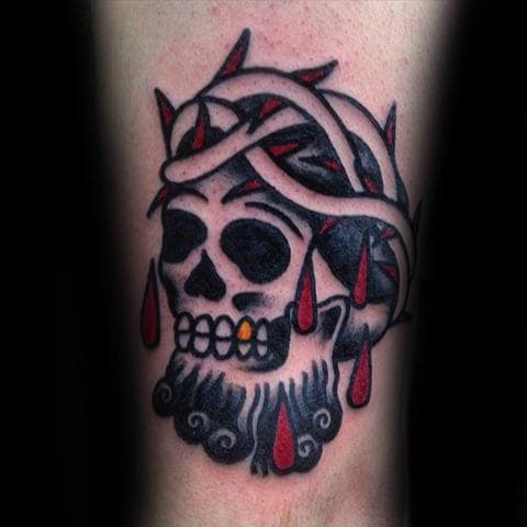 Skull With Crown Of Thorns Traditional Jesus Mens Small Forearm Tattoo