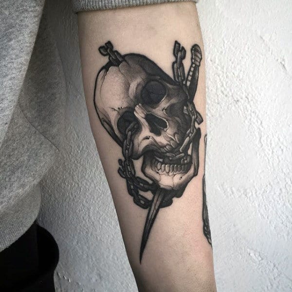 Skull With Dagger Creative Shaded Male Forearm Tattoos