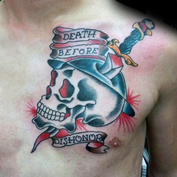 Skull With Dagger Guys Death Before Dishonor Old School Upper Chest Tattoo