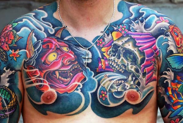 Skull With Demon Mask Japanese Chest Tattoos For Men