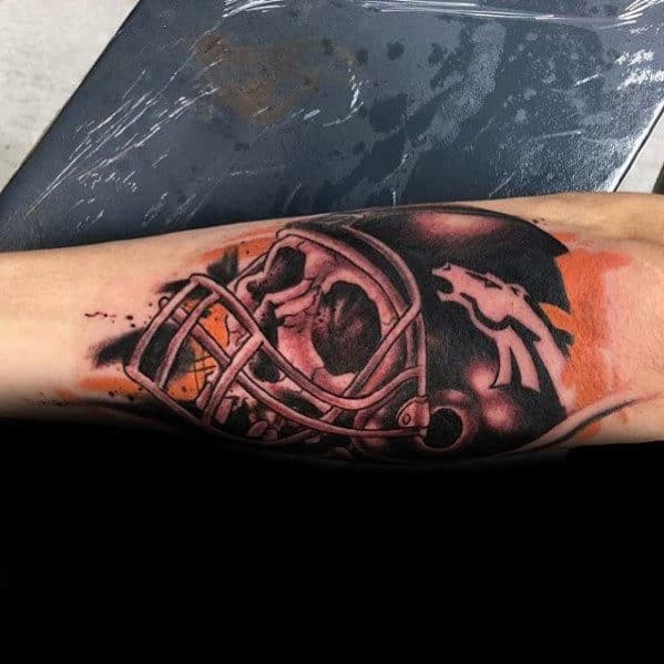Skull With Denver Broncos Helmet Mens Forearm Tattoo