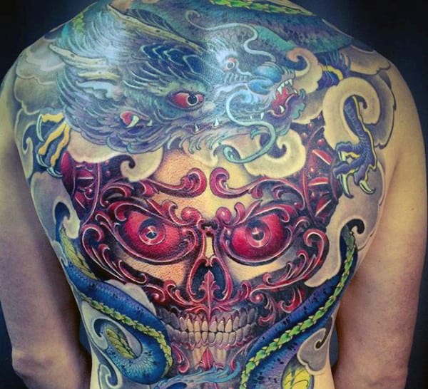 Skull With Dragon Guys Full Back Tattoos