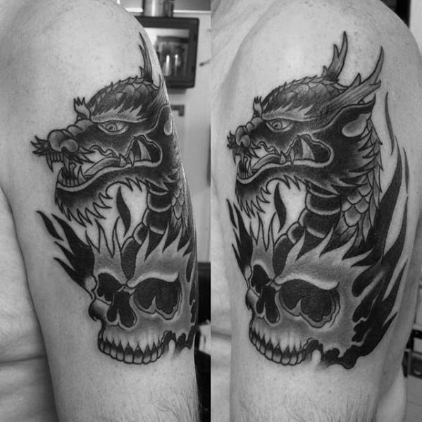 Skull With Dragon Guys Traditional Upper Arm Tattoos