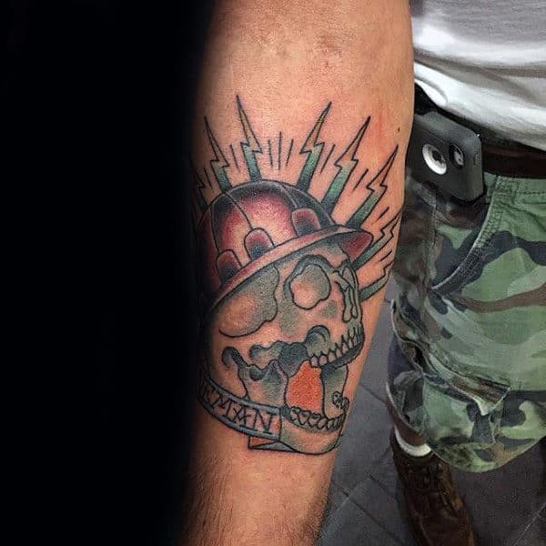 Skull With Electrical Helmet Mens Lineman Inner Forearm Tatoto