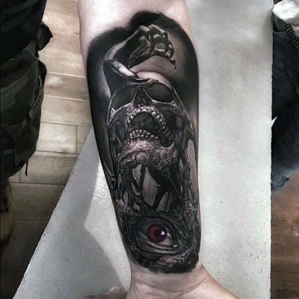 Skull With Eye And Hadn Guys Hyper Realistic Inner Forearm Tattoos