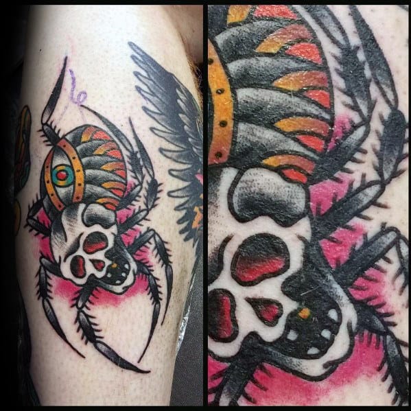 Skull With Eye And Spider Mens Traditional Leg Tattoo