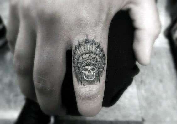 Skull With Feather Head Guys Small Tattoo On Hands